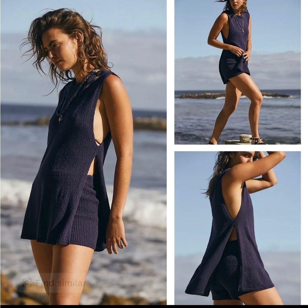 Women’s Two Piece Sleeveless Tunic Navy Blue Knit Sweater Set with Shorts